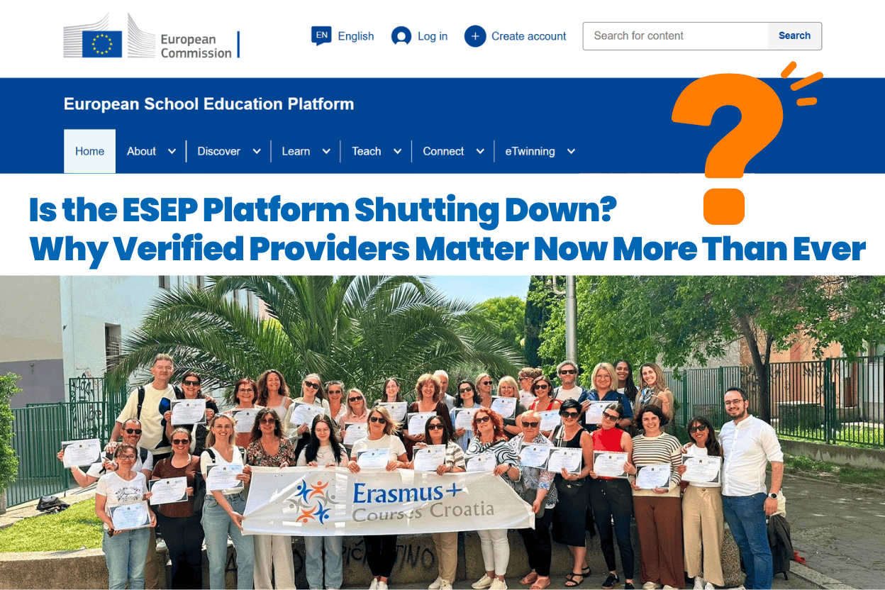 ESEP platform changes — Erasmus Courses Croatia group of educators with certificates after completing a verified Erasmus+ course