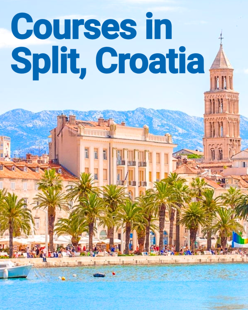 Split's Riva promenade lined with palm trees and the Cathedral of Saint Domnius bell tower